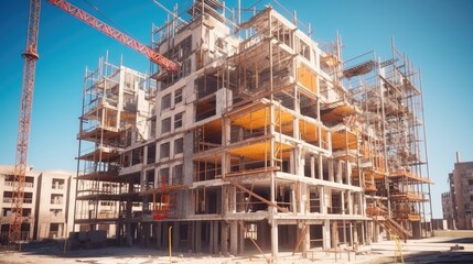 Poster - Scaffolding on the facade of a modern building, Block of apartments under construction.