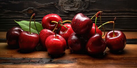 luscious Red Cherries on a wooded board, horizontal format, professional photography in a Food-themed, JPG. Generative AI