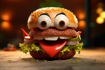 Wall Mural - Cute hamburger with eyes. Generative AI. Burger day. Hilarious burger character. Funny illustration for pizzeria, cafe, fast food, kids menu.