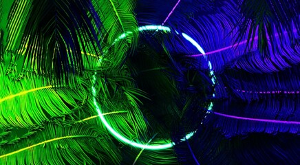 Wall Mural - Leaves plant wall and neon light template. 3d rendering of white circle neon light with tropical leaves. Flat lay of minimal nature style. Party, christmas, shopping, event, tropical background.