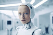© Trinette Reed - Portrait of half AI robot and humanoid in science lab.  Generative AI.
