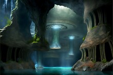 Ancient Alien Estates Carved Out Of A Giant Ancient Cavern, Ultra Modern Architecture, Waterfalls