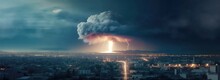 Huge Natural Disaster Or Nuclear Explosion Mushroom Cloud Effect Over City Skyline For Apocalyptical Aftermath Of Nuclear Attach Or The Use Of Mass Destruction Weapons - Generative AI