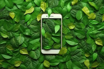 White smartphone with screen from green leaves at green background from green leaves. Eco friendly social media and mobile application. Generative AI