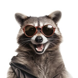 Fototapeta  - a raccoon, with sunglasses with a cheeky grin,  Fun-themed, photorealistic illustration in a PNG, cutout, and isolated. Generative AI
