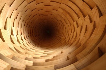 Conceptual puzzle wooden spiral tunnel, 3d illustration in the style of minimalist mathematical abstraction. generative AI