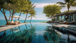 Kurort ekskluzywny, basen perfekcyjny nad oceanem, palmy i drzewa, leżaki.