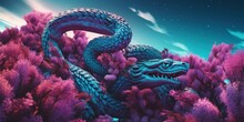 A Blue Dragon Is In A Field Of Purple Bushes. Generative AI Image.