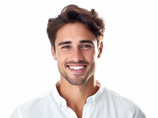 a closeup photo portrait of a handsome man smiling with clean teeth. used for a dental ad. guy with fresh stylish hair and beard with strong jawline. isolated on white background. Generative AI