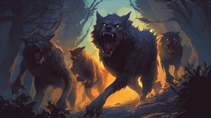 A pack of werewolves hunting under a full moon. Fantasy concept , Illustration painting.