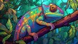 A rainbow-colored chameleon blending into a tree branch in a jungle. Fantasy concept , Illustration painting.