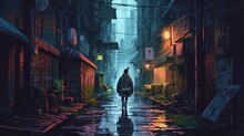 A Rogue Sneaking Through A Dark Alley In A Bustling City. Fantasy Concept , Illustration Painting.