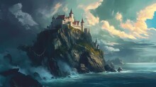 A Storm Brewing Over A Castle On A Cliff. Fantasy Concept , Illustration Painting.