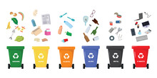 Sorting And Recycling Garbage By Material With Different Types Of Colored Waste Bins With Symbols For Organic, Paper, Glass, Plastic, Metal, E-waste