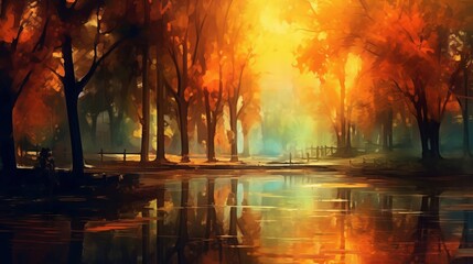 Sticker - A beautiful abstract autumn landscape of a city park in autumn with golden sunlight. Generative AI. 