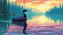 A Tranquil Lake With A Loon Calling In The Distance. Fantasy Concept , Illustration Painting.