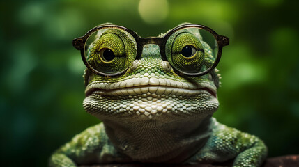 Wall Mural - reptile close-up scale green portrait animal iguana wildlife lizard glasses. Generative AI.