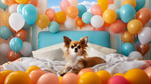 Cute Dog On The Background Of Balloons, Generated, Ai