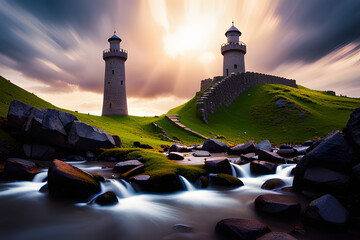 Wall Mural - lighthouse at sunset created using ai generative technology
