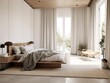 © Natee Meepian - Bright beige wooden bedroom, minimal modern style. Generative AI