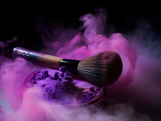 Make up brush with purple powder isolated on black background. Generative AI