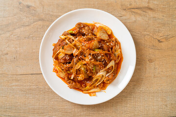 Sticker - stir-fried pork with Korean spicy paste and kimchi