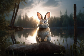 Wall Mural - Cute Rabbit Standing on a Rock with Lake Forest Nature Landscape Background at Sunset