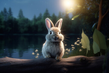 Wall Mural - Cute Rabbit Standing on a Tree Trunk with Lake Forest Nature Landscape Background at Night