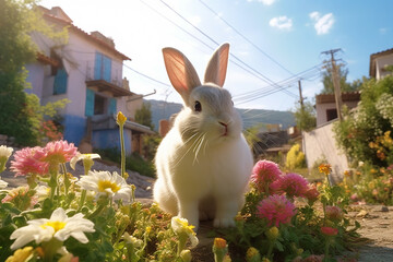 Wall Mural - Cute White Rabbit Playing in Beautiful Flowers Field with Village House Background at Morning