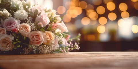 blank wood table top and a blurred bouquet wedding interior