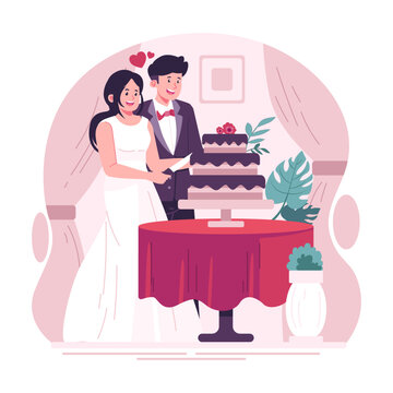 Couple cutting cake on wedding day