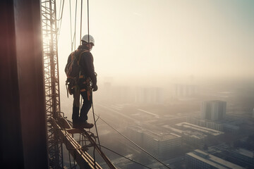 Wall Mural - construction engineer worker at heights,architecture sci-fi construction working platform on top of building, suspended cables, fall protection and scaffolding installation.