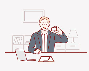 Wall Mural - successful businessman, man working in the office sitting at the table. hand drawn style vector desi