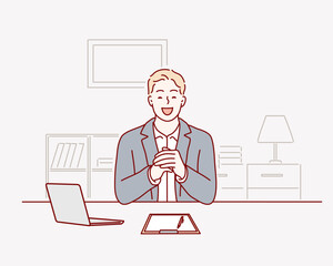 Wall Mural - successful businessman, man working in the office sitting at the table. hand drawn style vector desi