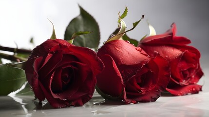 Wall Mural - Close up three beautiful wet red rose flower with some leaves and water droplet looks fresh laying on the studio set white background. Generative AI technology.
