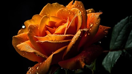 Wall Mural - Beautiful wet yellow rose flower with some leaves and water droplet looks fresh on black background. Generative AI technology.