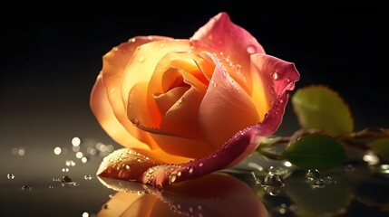 Wall Mural - Beautiful yellow pink rose flower with some leaves and water droplet looks fresh laying on the studio set reflective black background. Generative AI technology.
