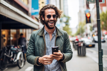 happy man with smart phone on street
