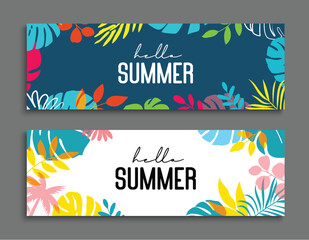 Sticker - Hello summer tropical with plants and leaf decoration on background.