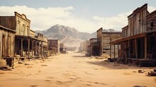 An Old Ghost Town From The Wild West Era, Featuring Weathered Wooden Buildings And Dusty Dirt Streets. Generative AI