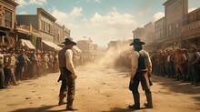 An Intense Cowboy Duel On The Main Street Of A Typical Western Town, Echoing Tales Of Law And Disorder In The Old West. Generative AI