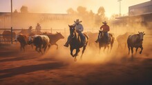 An Action-packed Rodeo With Brave Cowboys Participating In Thrilling Lasso Events Or Daredevil Bull Riding. Generative AI