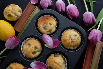 Wall Mural - lemon rhubarb muffins with tulips