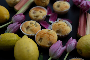 Wall Mural - lemon rhubarb muffins with tulips