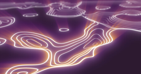 Wall Mural - Abstract purple futuristic hi-tech landscape with mountains and canyons from glowing energy circles and magic lines background