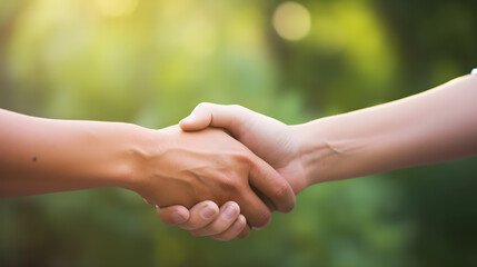 handshake between two people with blur green nature 