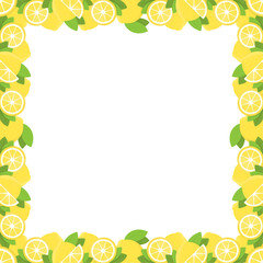 Wall Mural - Citrus fruits vector frame with copy space. Border of yellow lemons and green leaves on white background.