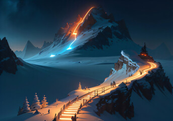 Path to success concept, with glowing light path going up the mountain , Generative AI illustration