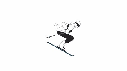 Fototapete - skier jumping bw animation. animated isolated 2d athlete with poles on skis. cartoon monochrome flat
