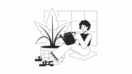 Poster - Watering plant bw animation. Animated curly hair woman 2D cartoon flat monochrome line character. Gardening houseplant 4K video concept footage on white with alpha channel transparency for web design